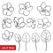 Vector set with outline Saintpaulia or African violet flower and leaf in black isolated on white background. Viola flowers.