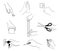 Vector set of outline, various hand actions and gestures, isolated, in black color