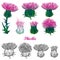 Vector set with outline welted Thistle or Carduus flower head, spiny leaf and bud in black and pink isolated on white background.