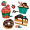 Vector set of pastry. Desserts, muffins, cupcakes,