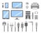 Vector set of PC gadgets and devices flat icons. Cable wire computer and electricity plug collection.