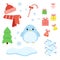 Vector set of penguin with xmas staff: lollipop, gifts, tree, iceberg, cap and scarf, fish and bells.