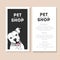 Vector set of pet shop flyers. Dog portrait on black square text template. White informational list.