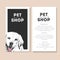 Vector set of pet shop flyers. Dog portrait isolated on black square text template. White informational list.