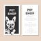 Vector set of pet shop flyers. Dog portrait isolated on black square text template. White informational list.