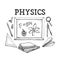 Vector set of Physics science theory and bonding formula equation, tool model icon in white isolated background. Doodle