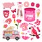 Vector set of pink color objects.