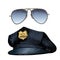 Vector set of policeman uniform. Cap hat and aviators sunglasses. Hand drawn engraved style.