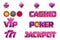 Vector set purple logo JACKPOT, POKER, 777, CASINO and VIP. Gold chips