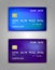 Vector set Realistic credit bank card mockup. Blue, square, purple, dots, halftone