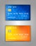 Vector set Realistic credit bank card mockup. Crown, spiral, dots, bubbles, halftone, orange, blue