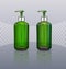 Vector set. Realistic, green, transparent bottles with soap pump