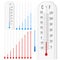 Vector set of realistic liquid thermometers with celsius and fahrenheit scales, red and blue indicator. Vector illustration