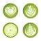 Vector set with realistic matcha latte drink art: tulips, hearts, flower. Top view of healthy green tea