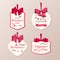 Vector set of retro cute labels to celebrate Valentine`s Day with red bow, hearts, arrow and text.