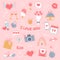 Vector set of romantic Valentine\\\'s Day objects. Cute colorful elements isolated on pink background.