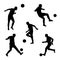Vector set with running men playing footbal kicking the ball. Black minimalist graphic silhouette on white backdrop.