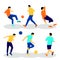 Vector set with running men playing footbal kicking the ball. Bright cartoon silhouette on blue backdrop.