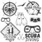 Vector set of scuba diving center labels in vintage style. Sport underwater equipment, mask, fins, tanks on