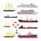 Vector set of sea ships, boats and yacht isolated on white background. Marine transport design elements, icons in flat