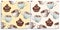 Vector set of seamless patterns with wonderful cupcakes and coffee with froth, cappuccino, latte, tasty. Hand-drawn in graphic and