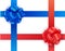 Vector set of shiny blue and red satin crosswise ribbons bows on white background. Realistic illustration.