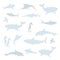 Vector set of silhouettes, blue shapes, icons, pictograms of marine animals, fishes, inhabitants.