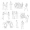 Vector set sketch black contour isolated illustration of business people. Women and men at conference, meeting and