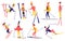 Vector set of skiers. Winter sportsman in different poses on ski resort. Men in the ski resort. Winter sport activity