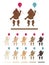 Vector set of standing babies in diapers and holding a balloon in their hand. Simple flat cliparts of toddler boys and girls with