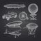 Vector set of steampunk hand drawn dirigibles, bicycles