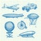 Vector set of steampunk hand drawn dirigibles, bicycles and cars