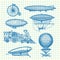 Vector set of steampunk hand drawn dirigibles, bicycles and cars on cell sheet illustration