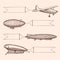 Vector set of steampunk hand drawn vintage dirigibles and airplane with hanging wide ribbons for text