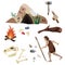 Vector set about the Stone Age, primitive mans life, his tools and housing. It includes cave, rock painting, spear