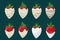 Vector set of strawberries covered with white glaze decorated with gold confectionery topping