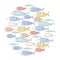 Vector set of stylized fish. Collection of cartoon fish. Marine life. Illustration for children. A flock of colored fish