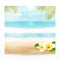 Vector set of summer horizontal banners with beach, sea, waves, palm leaves and tropical flowers.