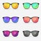 Vector set of sunglasses. Eyeglasses with color lens. Modern sunglasses