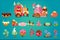 Vector set of sweet landscape elements for fantasy computer or mobile game. Candy land. Gingerbread houses, stones