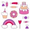 Vector set of sweets and cake in a linear style. Elements for design postcard, invitation, poster
