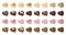 Vector set of sweets. Heart shaped white, milk, pink and dark chocolate candies decorated with nuts