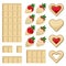 Vector set of sweets. White chocolate bar with separate pieces, strawberries covered with chocolate and cookies
