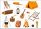 Vector set of symbols, icons and elements of tourist equipment. Tent, axe, chair, lounger, pot over a fire, backpack, flashlight