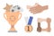 Vector set of team game and victory symbols. Kupok with joystick, handshake, group of hands, medal for first place
