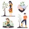 Vector set on the theme of gardening and farming. The concept of volunteering. A woman waters a tree, a guy plants a tree