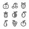Vector set of thin line fruit icons. Apple, orange, strawberry, pineapple, cherry, lemon, pear, grape, peach. Flat illustration.