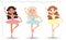 Vector set of three ballerinas in multi-colored dresses with long hair