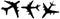 Vector set of three flying black passenger jetliner or commercial planes, isolated on white background