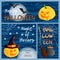 Vector set of three Halloween banners and cards. Traditional holiday symbols Jack o lantern, witch hat, broom, cauldron, bat, spid